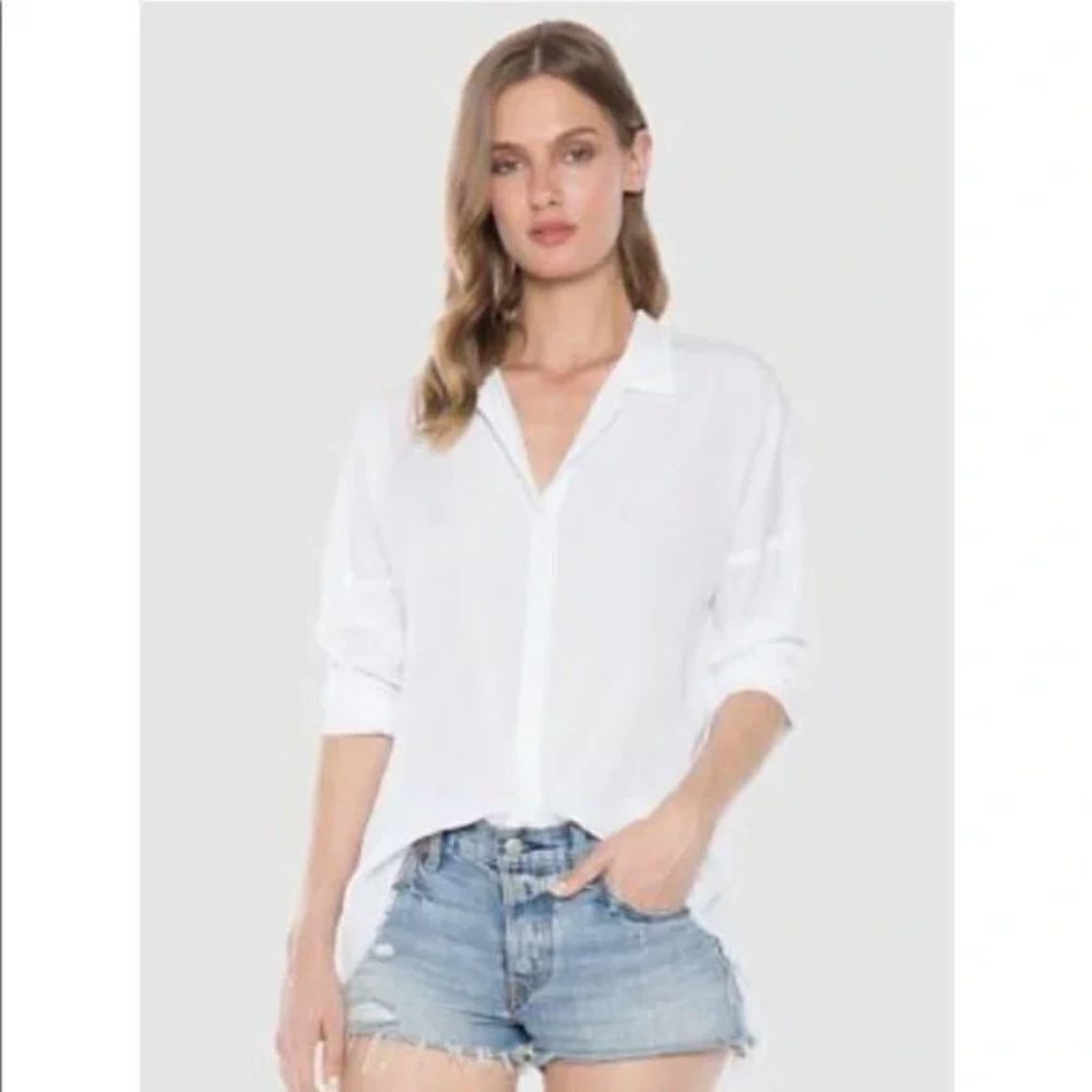 CLOTH & STONE White High Low Frayed Hem Oversized Button Up Blouse Size Small